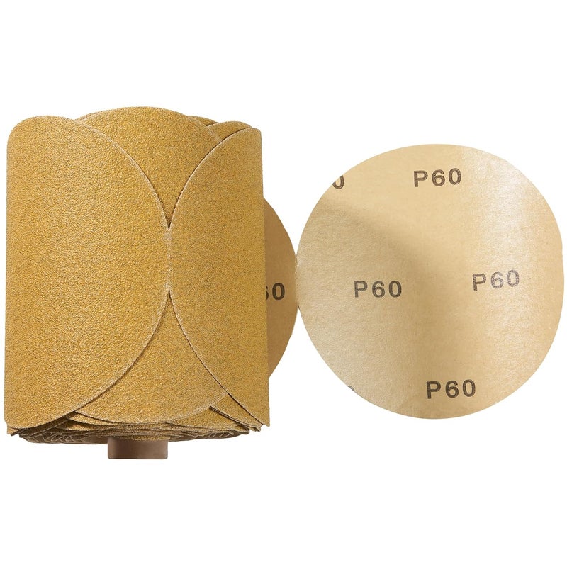 Shawya 100 PCS 6 Inch Gold PSA Sanding Discs 60 Grit Self Adhesive Sticky-Back Sandpaper for DA Sander Automotive Car Paint Woodworking Wood Metal Finishing - Image 2